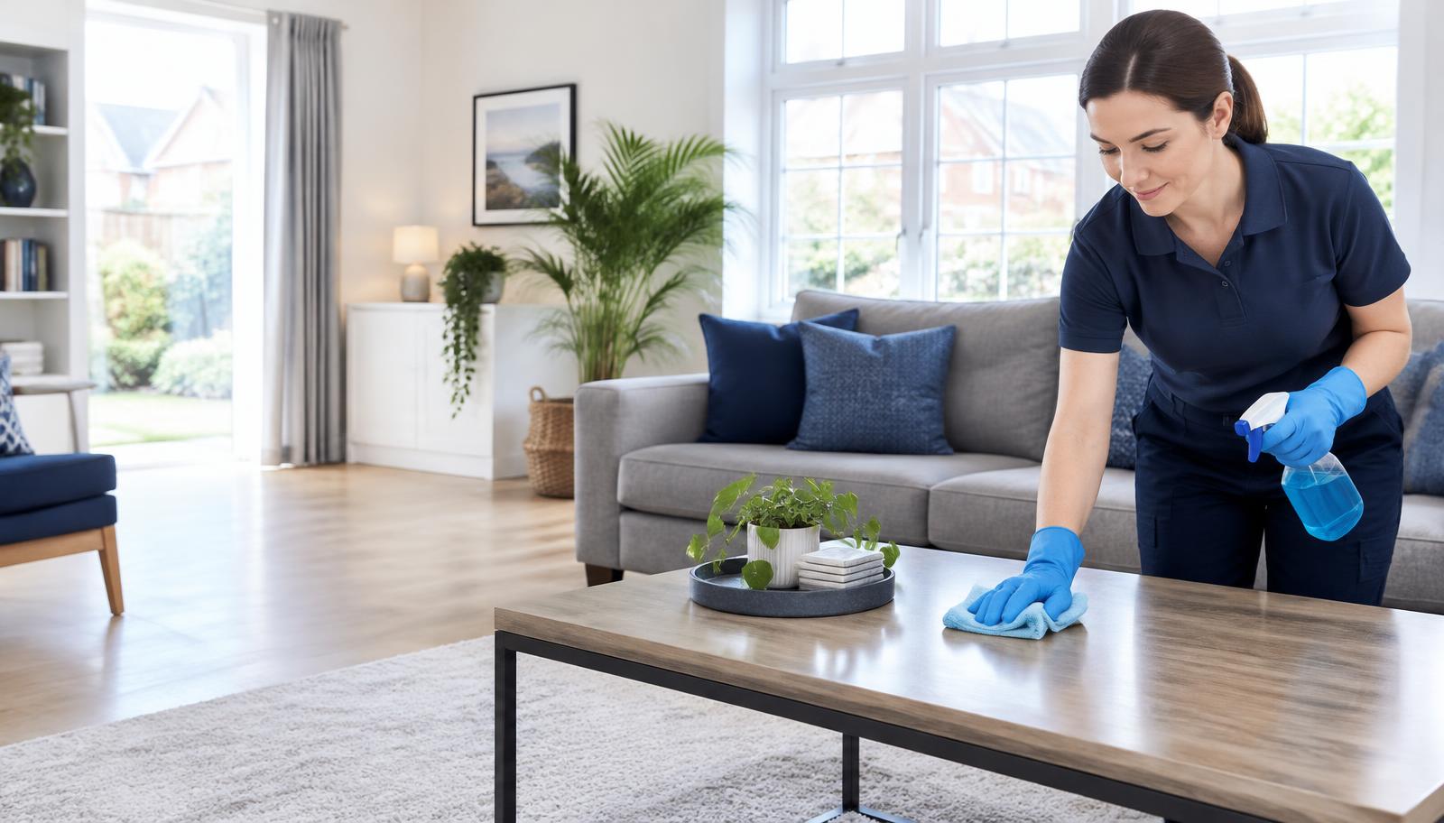 Cleaner wiping a coffee table in a bright living room